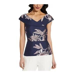 Adrianna Papell Navy Floral Jaquard Formal Party Peplum Top Mother of Bride, 10